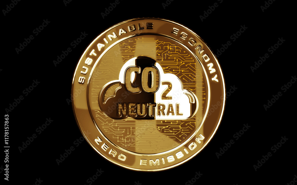 CO2 Neutral and eco friendly golden coin 3d illustration