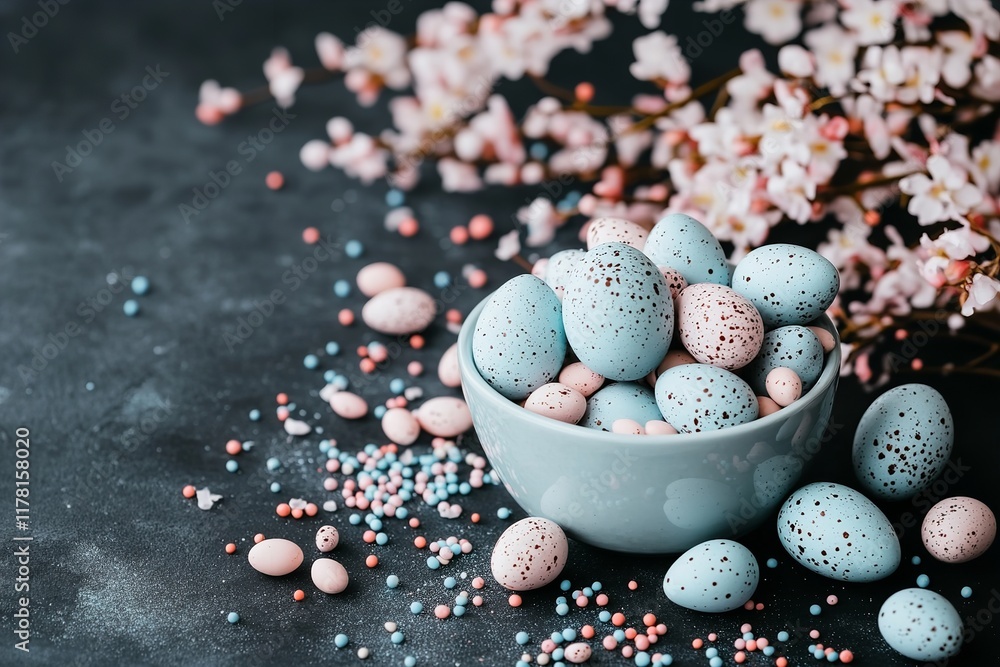 Obraz premium Spring decor features a bowl filled with pastel-speckled eggs surrounded by colorful candy and delicate cherry blossoms, creating a charming festive atmosphere perfect for Easter celebrations