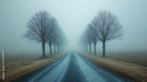 Foggy Road Lined With Bare Winter Trees