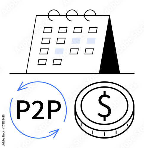 Calendar icon represents scheduling, P2P arrow cycle symbolizes transactions, and dollar coin indicates currency. Ideal for finance, payments, budgeting, savings, trading, scheduling abstract line