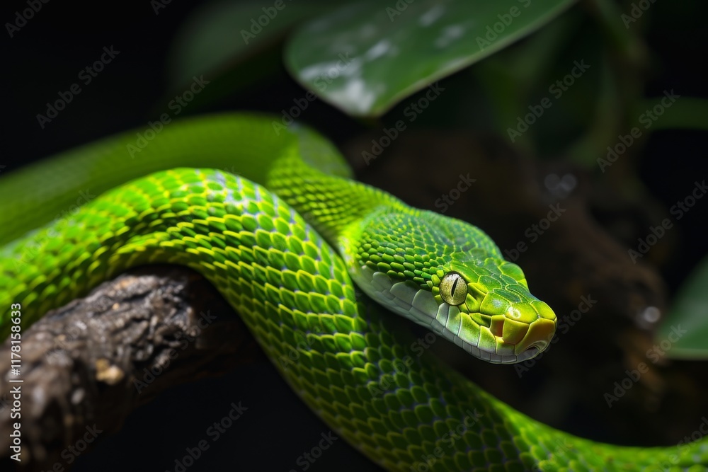 A close-up of a green ratsnake basking on a branch surrounded by lush greenery in a tropical environment, showcasing its vibrant colors and unique patterns during daylight A close-up of a green ratsnake basking on a branch surrounded by lush greenery in a tropical environment, showcasing its vibrant colors and unique patterns during daylight