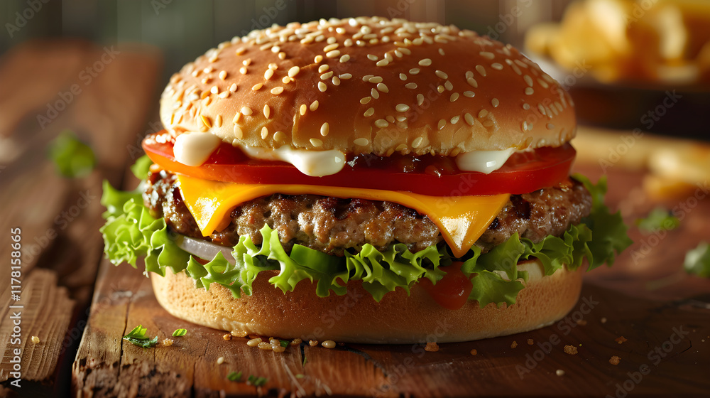 Mouth-Watering Classic Hamburger with Fresh Ingredients and Rustic Background Mouth-Watering Classic Hamburger with Fresh Ingredients and Rustic Background