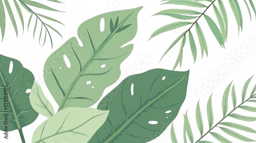  tropical forest in a modern flat design. Pastel green hues highlight hand-drawn monstera leaves, palm leaves, and branches.