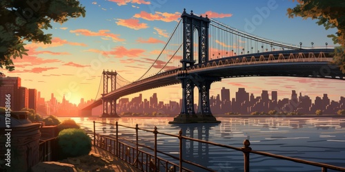 NYC Bridge Sunrise Cityscape. photo