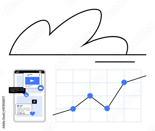 Smartphone with social media notifications, trending analytics, cloud element, and rising graph data. Ideal for business growth, tech innovation, cloud computing, digital marketing, media trends