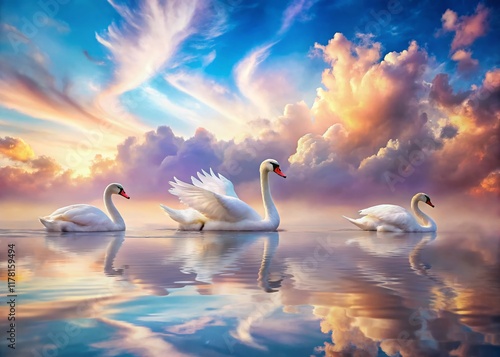 Surreal Dreamlike White Swans Floating on Ethereal Water photo