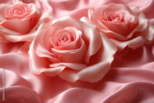 Close-up view of three pink roses sitting on a pink cloth photo