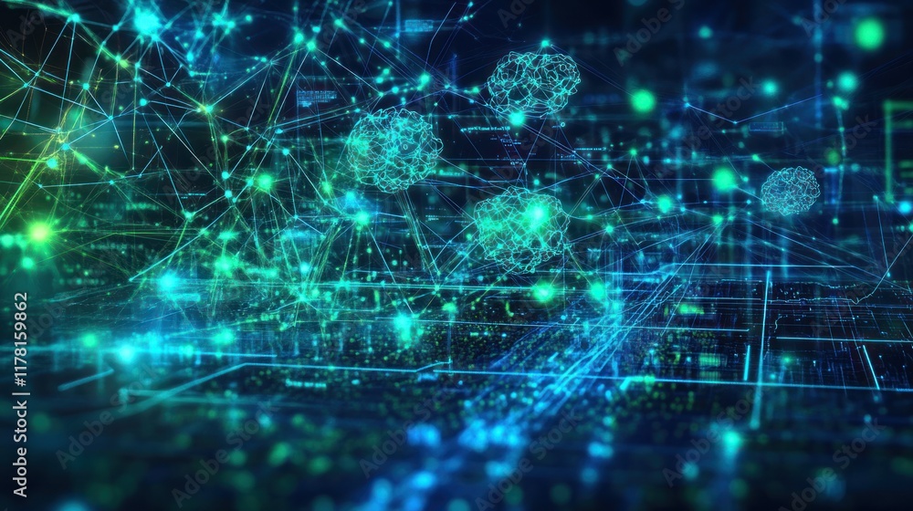 Digital network representation with interconnected lines and floating spheres illustrating data flow and connectivity. Generative AI Digital network representation with interconnected lines and floating spheres illustrating data flow and connectivity. Generative AI