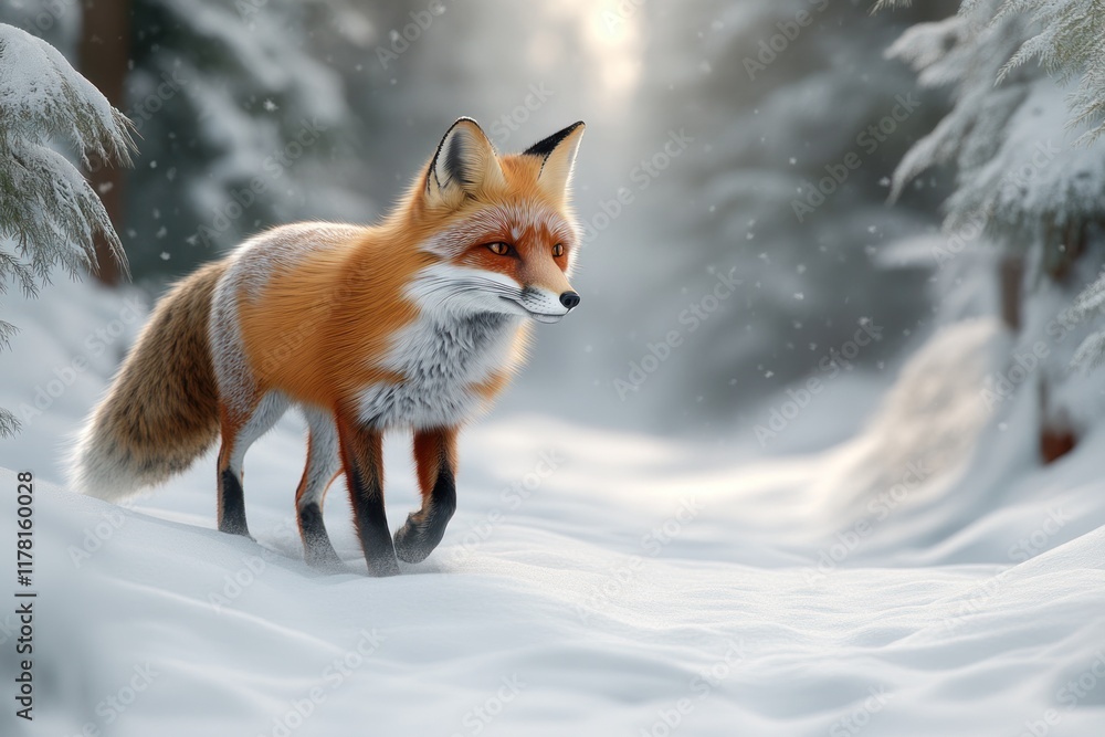Fototapeta premium Snowy forest setting with a fox walking gracefully through the snow during winter. Generative AI