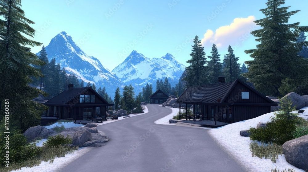 Fototapeta premium Scenic mountain road with cozy cabins amidst snowy landscape.