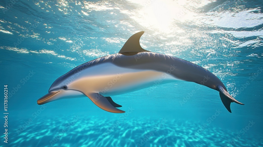 Fototapeta premium A dolphin swimming gracefully in clear blue water.