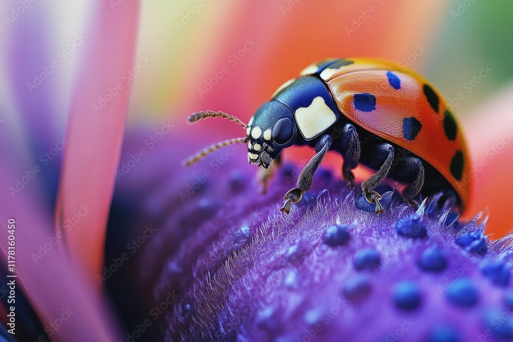 Fototapeta premium A ladybug perched on the petals of a vibrant purple flower