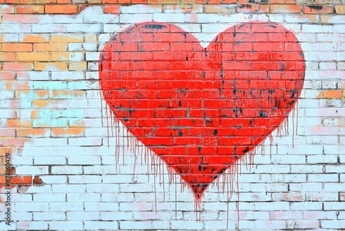 A red heart made of paint adorns a brick wall, a symbol of love and passion