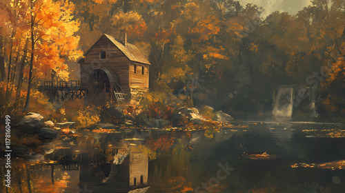 At babcock state park in west virginia, you can see glade creek grist mill and autumn reflections. Evergold. Illustration photo