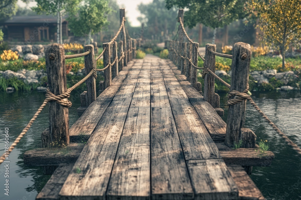 Obraz premium Walking along a rustic wooden bridge surrounded by lush greenery in a serene environment. Generative AI