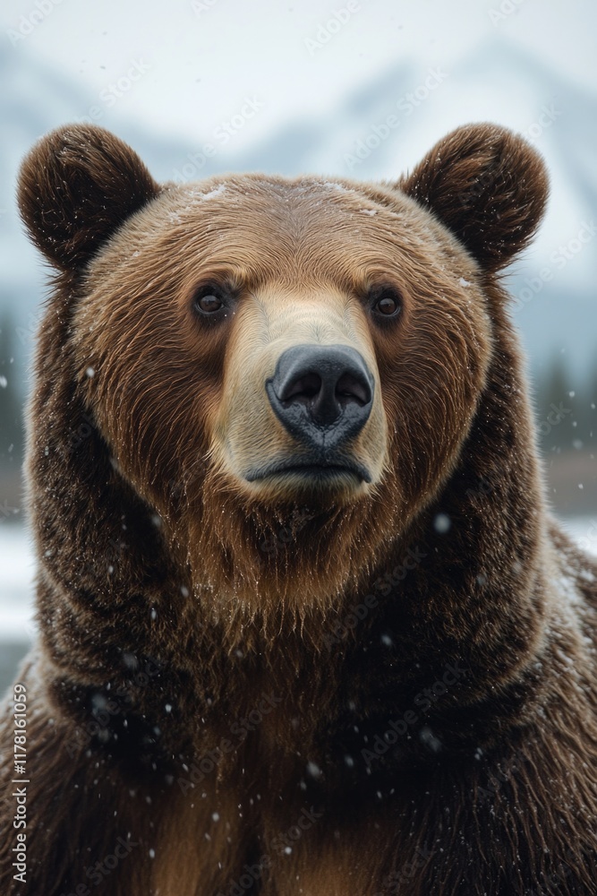Fototapeta premium A large brown bear stands in the snow