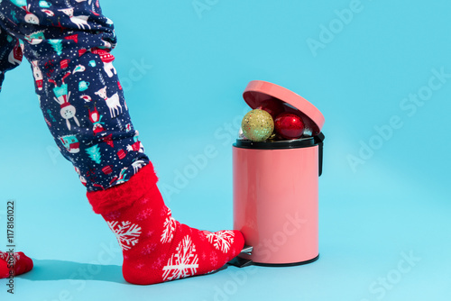 Christmas presents and gifts in trash can. Over consumption 