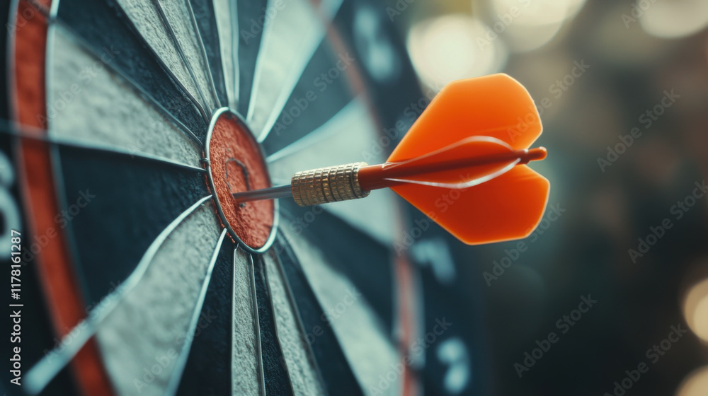 Close up of orange dart hitting bullseye on dartboard, showcasing precision and focus in competitive game Close up of orange dart hitting bullseye on dartboard, showcasing precision and focus in competitive game