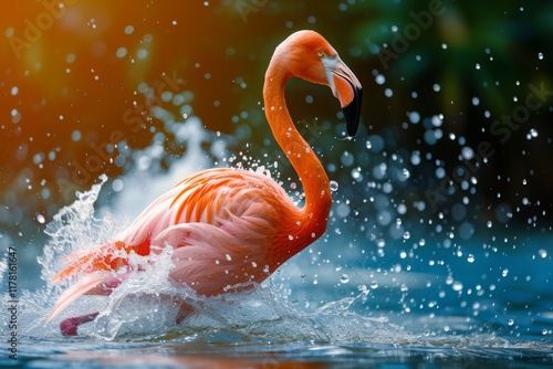 A vibrant flamingo gracefully runs across the water's surface, creating splashes under warm sunlight in a tranquil natural setting during the late afternoon photo