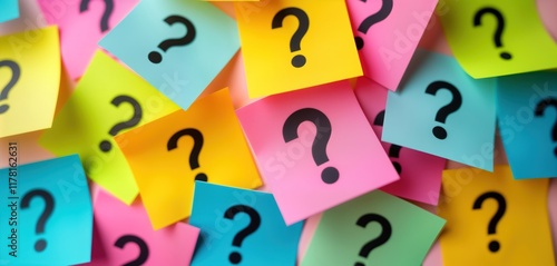 Colorful sticky notes with question marks create vibrant background. Many colorful paper notes layered together. Bright colors like pink yellow green blue orange. Playful, creative arrangement of