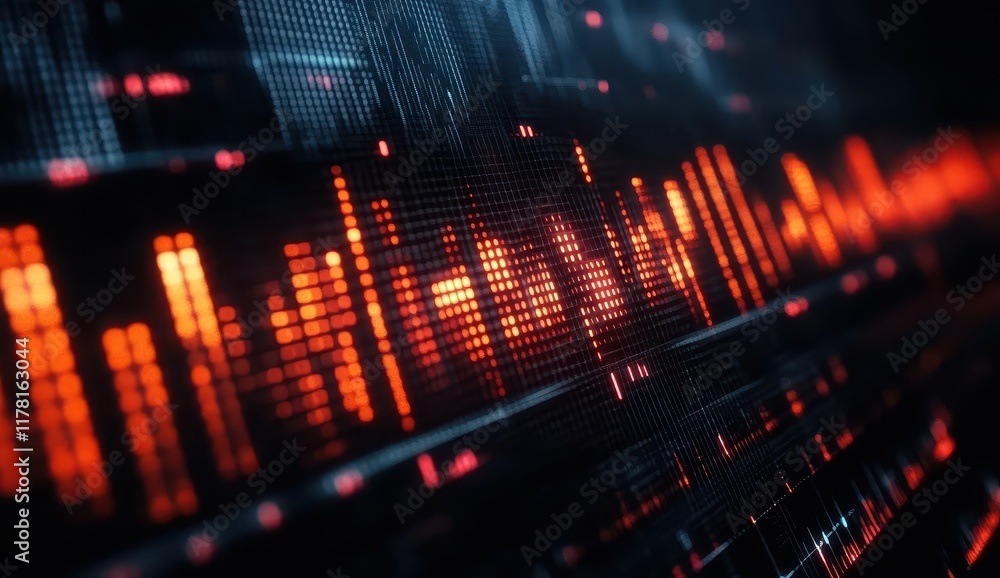 Obraz premium Stylized audio waveforms with a vibrant color spectrum and dynamic scales, representing studio session in music