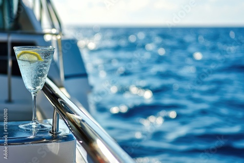 A glass of water sits on the railing of a boat, a simple yet refreshing scene photo