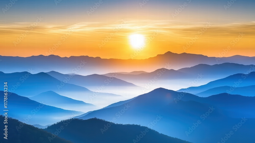 A stunning view of the Blue Mountains with layers of hazy blue ridges stretching into the horizon under a golden sunset. A stunning view of the Blue Mountains with layers of hazy blue ridges stretching into the horizon under a golden sunset.