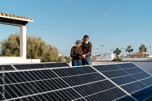 Homeowners inspecting their solar panels photo