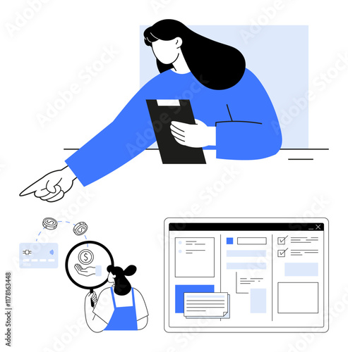 Businesswoman holds clipboard, points forward. Colleague examines financial data with magnifying glass. Digital workspace with organized data. Ideal for teamwork, finance, office tasks, data