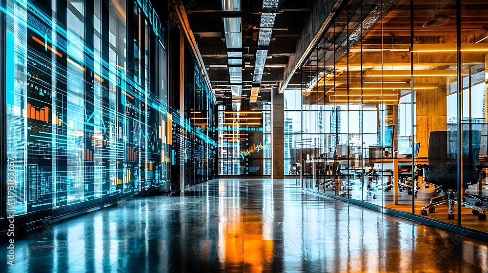Modern office hallway with digital data projections on wall. Modern office hallway with digital data projections on wall.