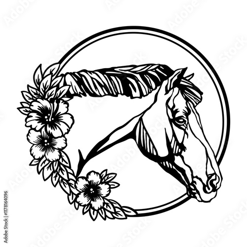 Horse head with flowers in a round shape vector illustration