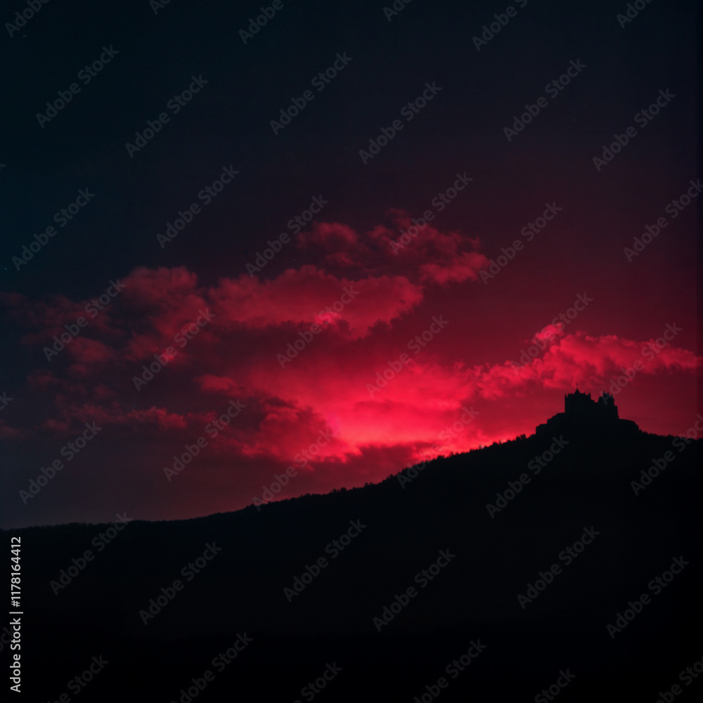 a dark, silhouetted landscape with a castle-like structure on a hill. The sky is illuminated with a striking red hue, suggesting either a sunset or sunrise with dramatic lighting con a dark, silhouetted landscape with a castle-like structure on a hill. The sky is illuminated with a striking red hue, suggesting either a sunset or sunrise with dramatic lighting con