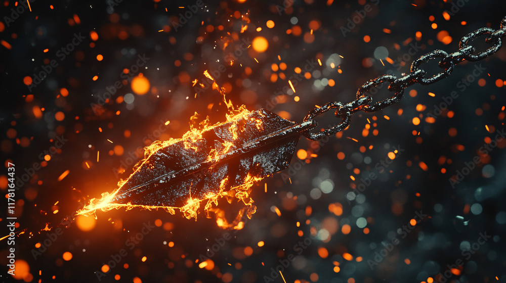 A broken arrow wrapped in chains, suspended in midair with glowing embers, symbolizing struggle and the breaking free from constraints. A broken arrow wrapped in chains, suspended in midair with glowing embers, symbolizing struggle and the breaking free from constraints.