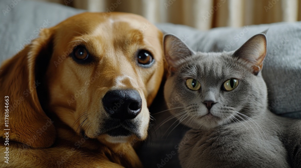 A dog and a cat are relaxing together on a couch A dog and a cat are relaxing together on a couch