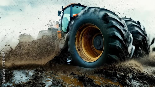 Large tractor with muddy tires is driving through a muddy field. 4K Video