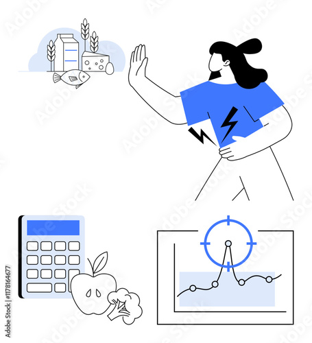 Woman avoiding unhealthy options, healthy foods, calculator for calorie tracking, and data chart. Ideal for health, diet, fitness, meal planning, analysis wellness abstract concepts