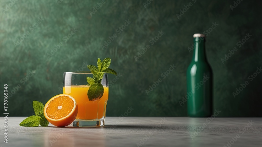 Fototapeta premium Orange juice with mint on wooden table