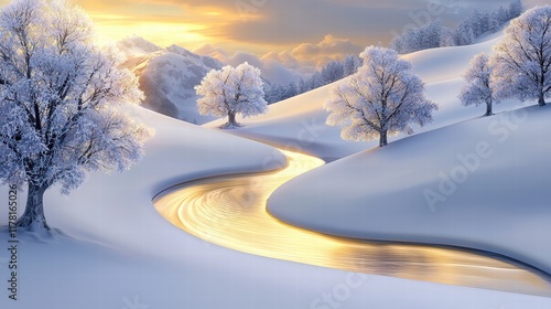A tranquil snowy mountain scene with frosted trees, a winding river, and warm golden light reflecting off the snow.