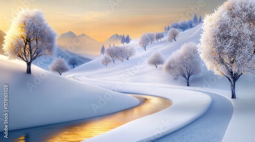A tranquil snowy mountain scene with frosted trees, a winding river, and warm golden light reflecting off the snow.