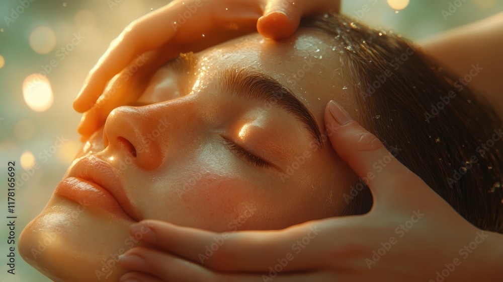Relaxing facial massage in a serene spa environment during the golden hour. Generative AI Relaxing facial massage in a serene spa environment during the golden hour. Generative AI