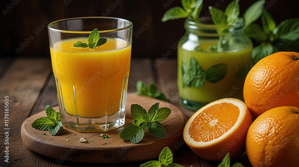 Orange juice with mint on wooden table Orange juice with mint on wooden table