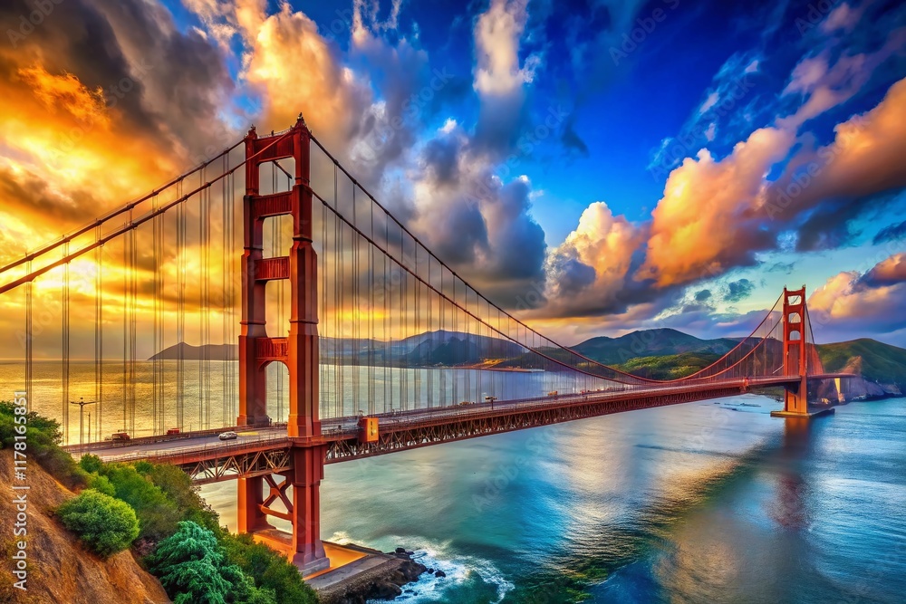 Fototapeta premium Surreal Golden Gate Bridge Detail: Vibrant Blue Sky, Dreamlike Vista