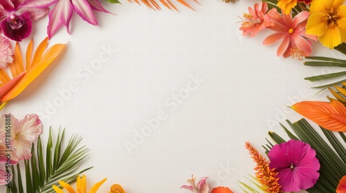 A vibrant floral border with tropical flowers in a mix of bold colors, surrounding an empty white space.