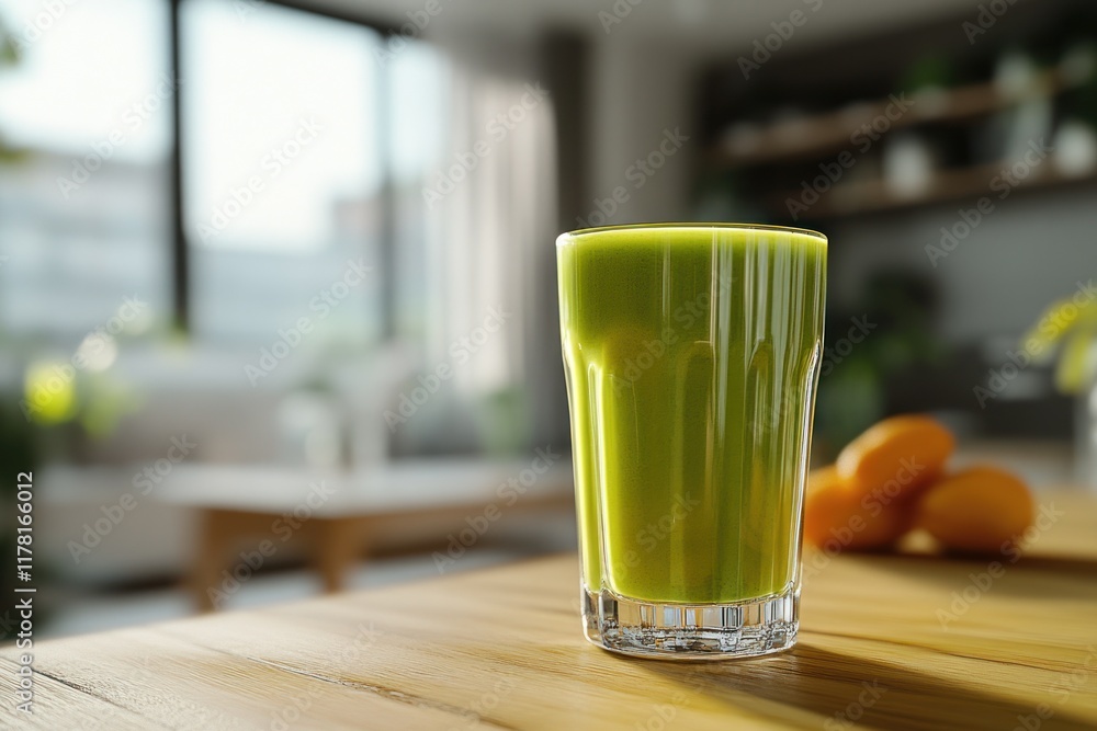 Fresh green smoothie served in a glass on wooden table with cozy indoor setting and natural light. Generative AI Fresh green smoothie served in a glass on wooden table with cozy indoor setting and natural light. Generative AI