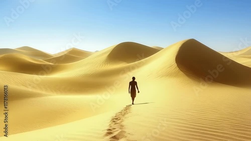 Man walks across a desert with a clear blue sky above him. 4K Video