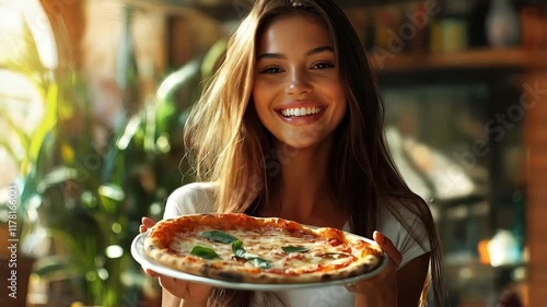 Woman is holding a pizza in her hands and smiling. 4K Video
