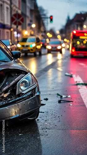 Car accident at night affecting traffic flow on a busy urban street during rainy weather