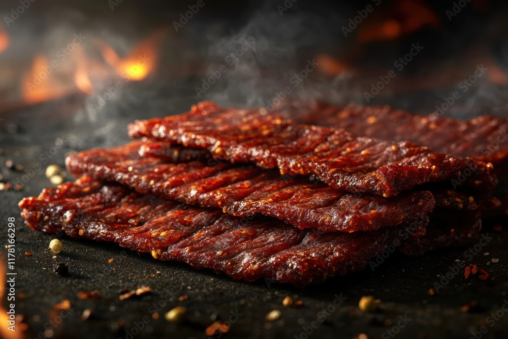 Grilled beef strips on hot grill with smoke rising in a rustic outdoor kitchen. Generative AI Grilled beef strips on hot grill with smoke rising in a rustic outdoor kitchen. Generative AI