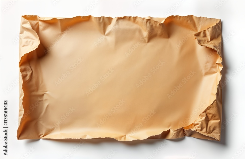 Piece of brown paper lies on white surface. Paper wrinkled, uneven texture. Looks old, possibly aged. Edges of paper torn, frayed. Paper appears blank, empty. Could represent ancient paper Piece of brown paper lies on white surface. Paper wrinkled, uneven texture. Looks old, possibly aged. Edges of paper torn, frayed. Paper appears blank, empty. Could represent ancient paper