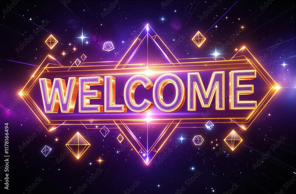Naklejka premium Futuristic Holographic 3D Welcome Sign with Geometric Shapes and Cosmic Background